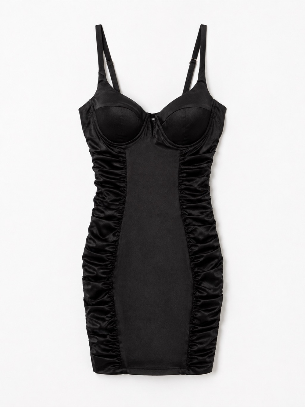Oh Polly Black Ruched Satin Bodycon Mini Dress